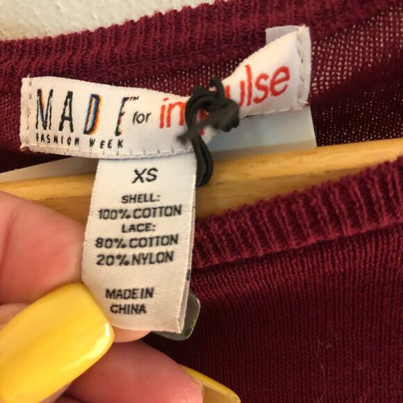 Made Fashion week Impulse burgandy top short sleeve sweater lace cropped XS - Picture 4 of 6